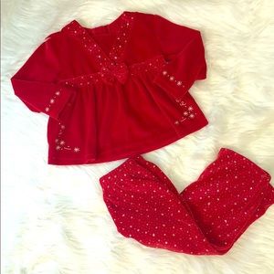 Red velvet matching long sleeve shirt and pants